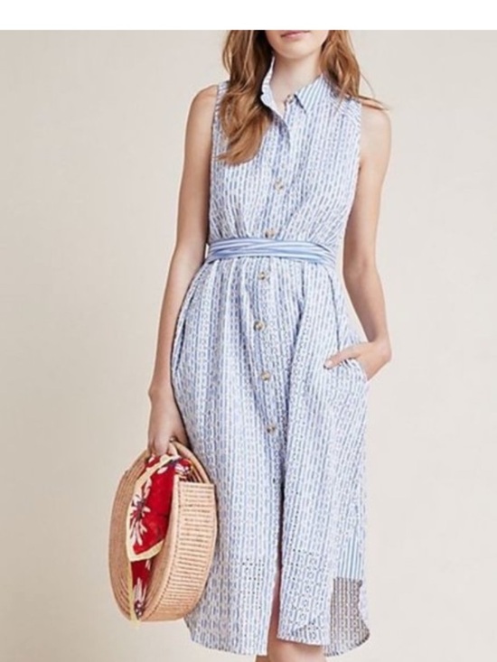 Anthropologie Dresses & Skirts - Anthropologie Kismet Sleeveless Blue Striped Eyelet Shirt Dress -Women’s 8